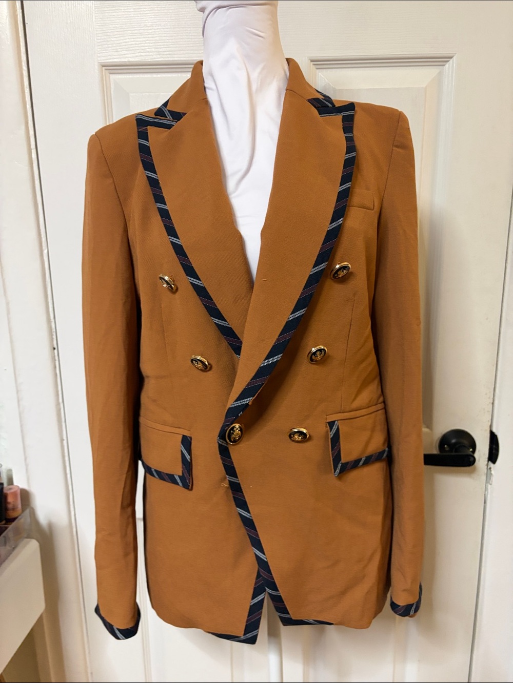 CeCe Tan Double-Breasted Blazer with Navy Trim